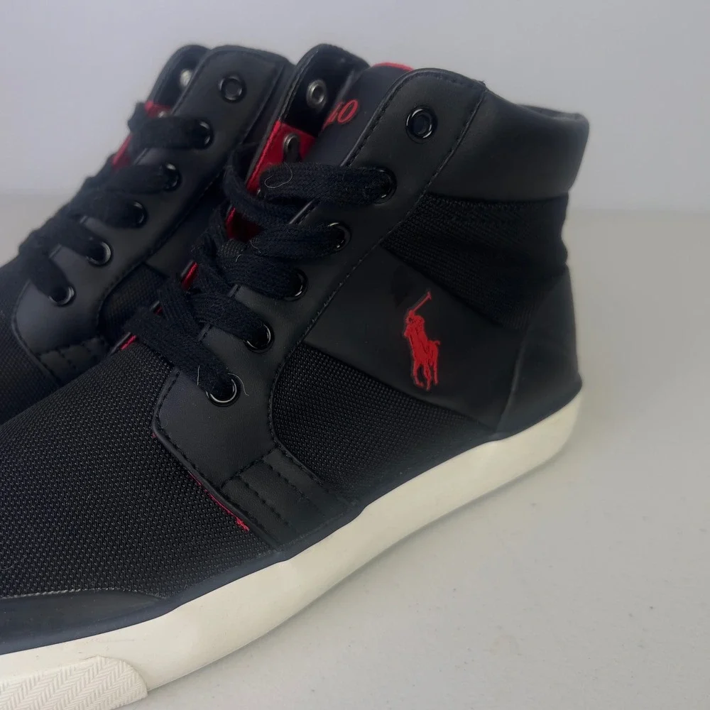 Polo Ralph Lauren Isaak Sneakers Mens 10.5D Black Red Excellent High Top Lace Up